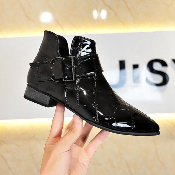 

boots buckle zipper women pointed toe ankle for shoes woman black leather block mid heels botas mujer