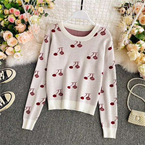 

japanese lazy style round neck sweater women's sweet cherry autumn and winter long sleeve short sweater bottoming top, White;black