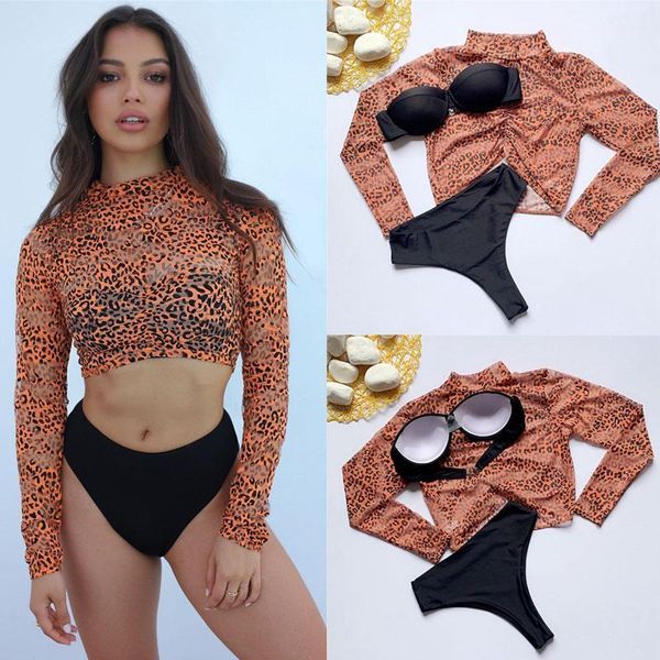 

3 pieces set bikini 2020 brazilian leopard printed swimsuit women long sleeve mesh crop bikini set bra bottom swimwear1