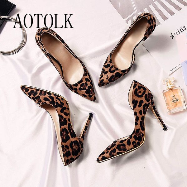 

women pumps high heels shoes leopard print thin heels spring woman wedding shoes plus size pointed toe single female pumps t200525, Black
