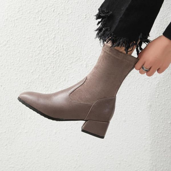 

boots women shoes high heels slip ankle winter stretch socks elegant square female plus size 32- 431, Black