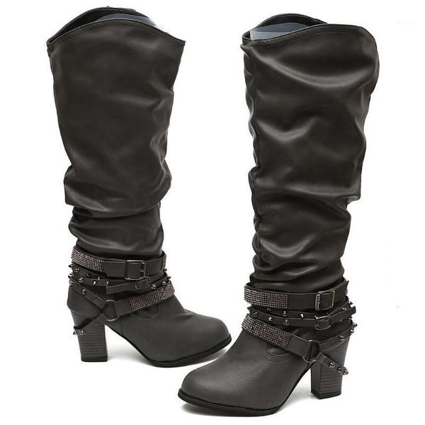

boots vintage high heels slip buckles belt rivets women shoes western knee big size 431, Black