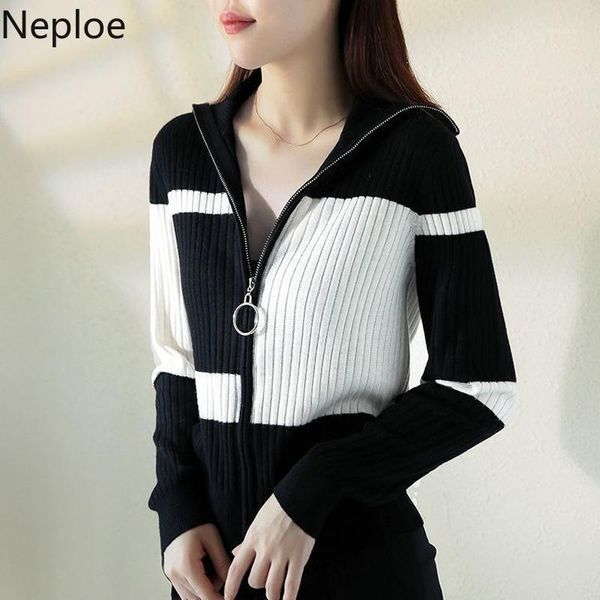 

neploe cardigan women korean fashion fall clothes black white plaid knitted sweater woman sueter mujer tuetleneck jumper coat1