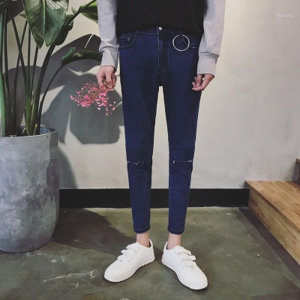 

wholesale 2020 fashion denim jeans thin knee hole small feet black slim teenagers cowboy students pants summer men trousers1, Blue
