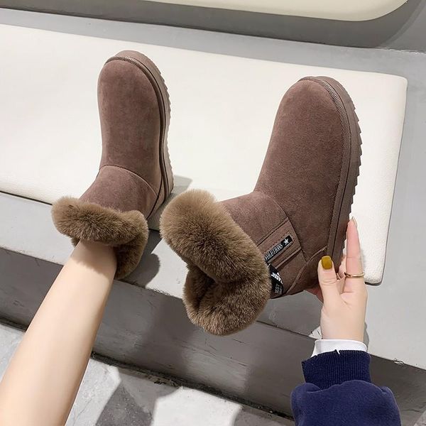 

winter boots solid color plush fur warm ankle boots round toe flat women shoes flock slip on big size footwear 36-41, Black