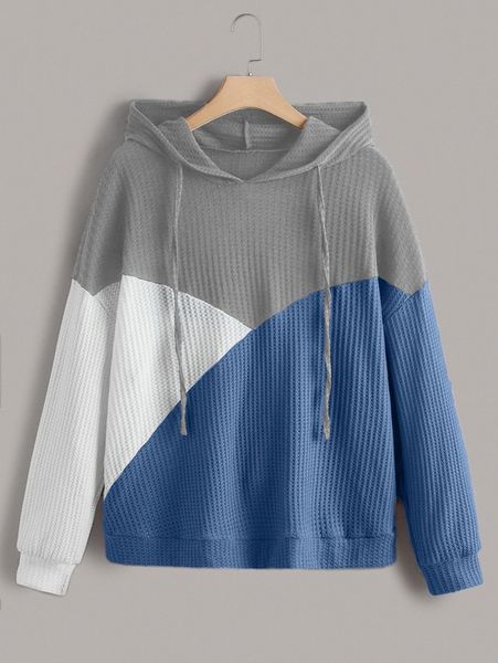 

plus colorblock drop shoulder waffle knit drawstring hoodie a2dp#, Black