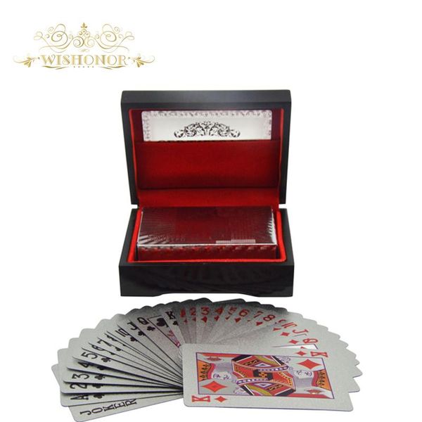 

business gifts for euro 500 design silver foil poker waterproof plastic poker playing card with wooden box wmtyjd