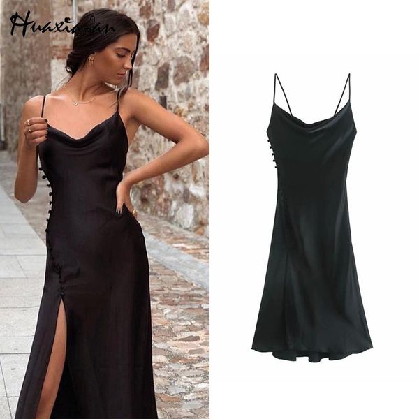 

huaxifan woman dress v neck vintage backless spaghetti strap midi dress elegant side split vestido de mujer famous party, Black;gray