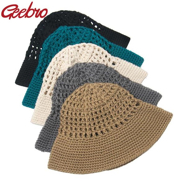 

geebro women girls casual wild bucket hat female spring autumn new handmade crochet clochecap solid temperament outdoor sun hat, Blue;gray