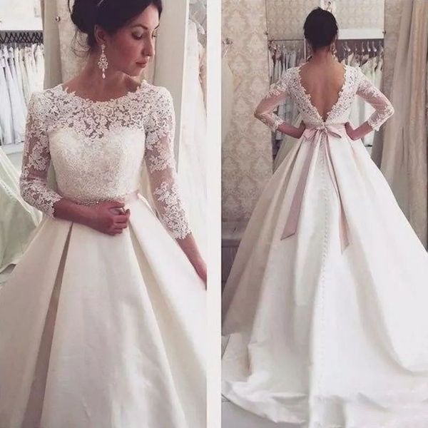 

backless a line wedding dress for bride 2022 lace 3/4 long sleeve bow sash ivory garden satin wedding gowns crew neck buttons bridal dresses, White