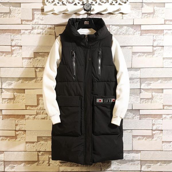 

zipper front fashion sleeveless jacket 2020 men thickening vest hooded warm long vest winter waistcoat men casual windbreaker1, Black;white