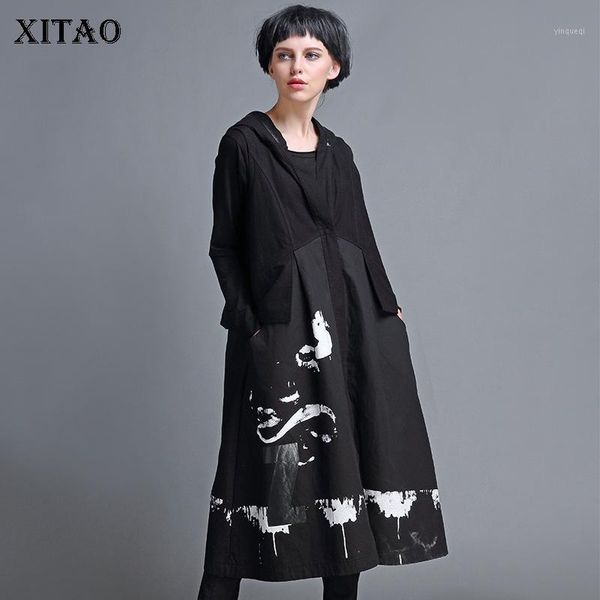 

xitao letter print patchwork vest women loose fashion casual hooded collar 2020 new autumn plus size women clothes zp18021, Black;white