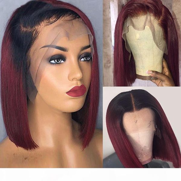 

dilys 13x4 straight burgundy bob lace front wig brazilian human hair lace front wigs pre plucked 150% density 10-14 inch, Black;brown
