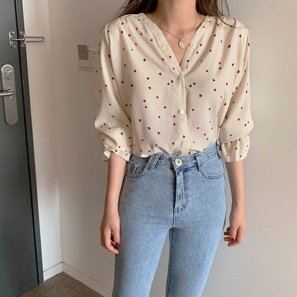

women's blouses & shirts women long petal sleeve casual love print ladies korean style chiffon v-neck female blusas 2021, White