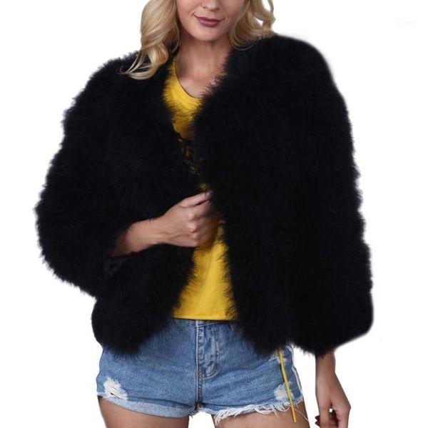 

lanxirui fur natural color faux fur v -neck wide -waisted covered button full floating hair jacket vests coat nov271, Black