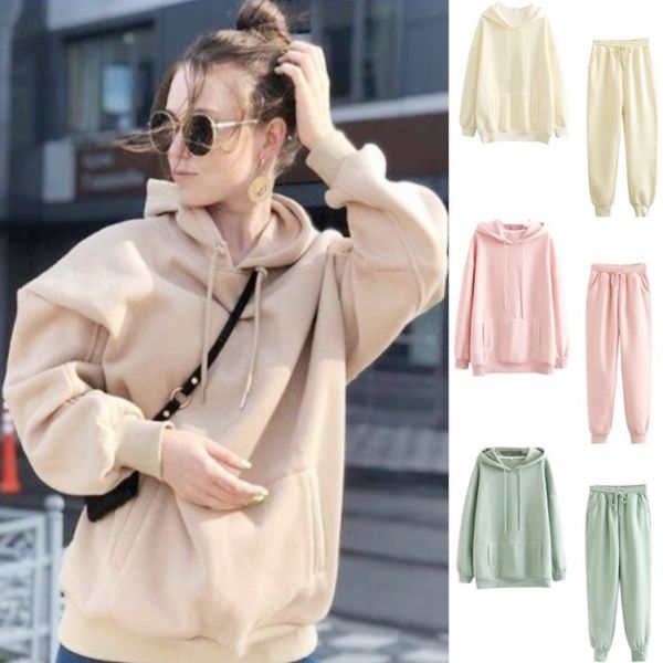

2020 autumn winter women thick fleece 100% cotton suit 2 pieces sets hoodies sweatshirt and pants suits, Gray