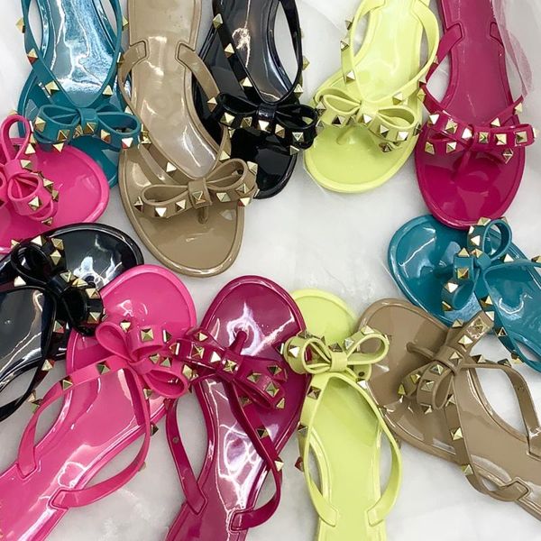 

vallu 2021 summer new rivet bow flat beach outdoor large size sandals, Black