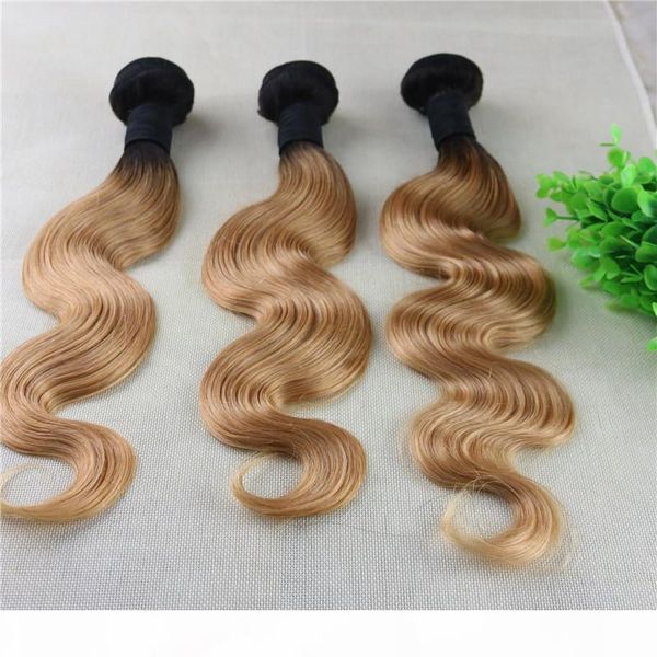 

1b 27 ombre blonde brazilian hair weaves body wave human hair bundles two tone hair weft 100gram per piece, Black