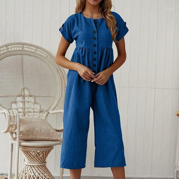 

women's jumpsuits & rompers solid o-neck button women jumpsuit bohemian casual summer office ladies high waist loose female womens1, Black;white