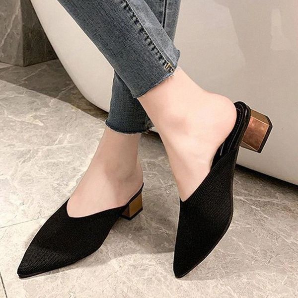 

women's slippers 2020 summer new knitted thick heel shoes ladies sandals pointed toe mules female high heels slides slipper #co88, Black