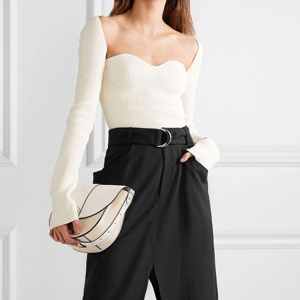 

2020 new women autumn square collar knitted t shirts pure color women long sleeve slim t shirt for women white