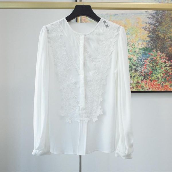 

women shirt new fashion temperament and lace embroidery flower long-sleeved shirt, White