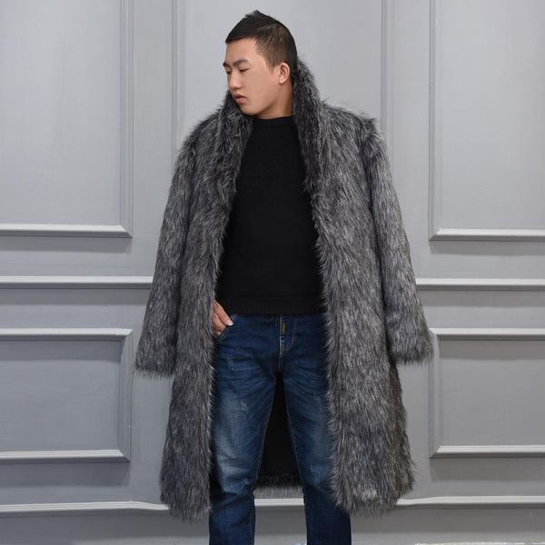 

s-6xl new fashion men's faux fur coat long trench overcoat high imitation fur coat men wnter clothes, Black
