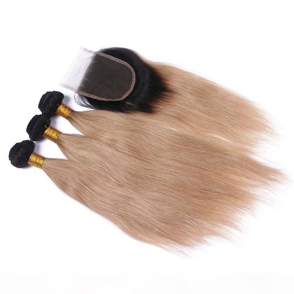 

virgin indian 1b 27 honey blonde ombre hair weaves with 4x4 lace closure straight two tone strawberry blonde ombre 3bundles with closure, Black;brown
