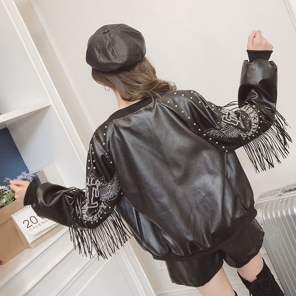 

spring autumn tassel rivet short biker soft pu leather jacket women print long sleeve streetwear zippers female coats py31 201020, Black