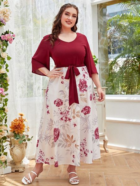 

plus floral print tie front combo dress 65ts#, Black