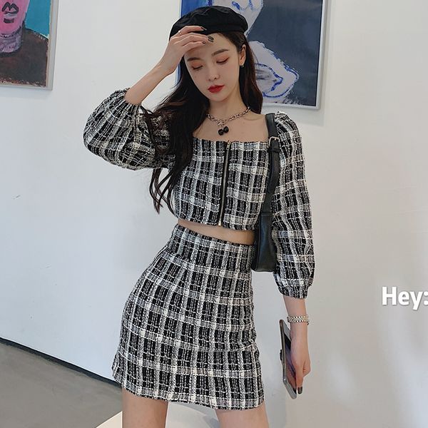 

2021 new high-end ladies temperament suit two-piece retro tweed puff sleeve short skirt lp9u, White