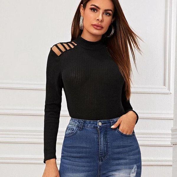 

cutout sweater solid long sleeved knit sweater women 2020 autumn cotton o-neck fashion slim office lady women plus size, White;black