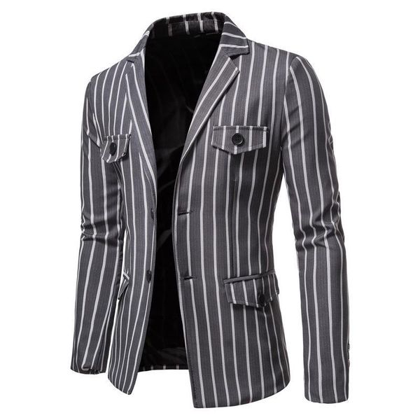 

2020 new flat collar men's blazers casual single breasted fashion striped mens blazer jacket autumn multiple pockets blazer men, White;black