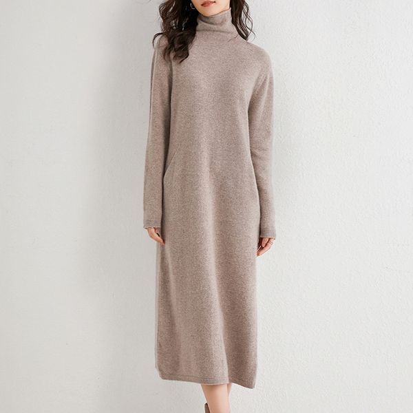 

women dress longer 100% cashmere and wool knitted jumpers 2020 new fashion winter turtleneck dresses female mid-calf pullovers lj201124, Black;gray