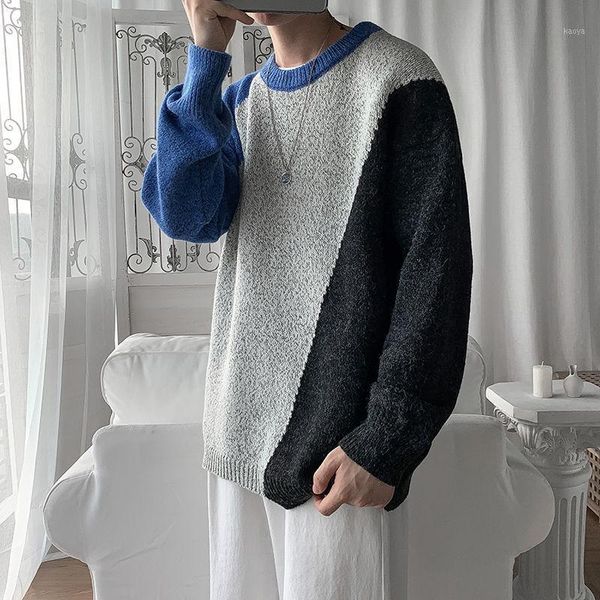 

autumn winter sweaters men's warm fashion contrast color casual knitted pullover men korean knitting sweaters mens clothes -3xl1, White;black