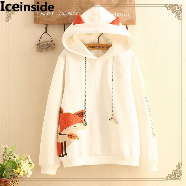 

japanese women harajuku hooded sweatshirts womens cute fox embroidered patch plus velvet hoodies fleece y190830, Black