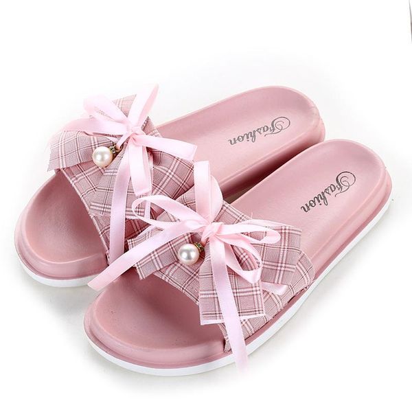 

women's slippers indoor home shoes woman sweet bowknot summer household ladies girls flip flops outdoor flat leisure sildes, Black