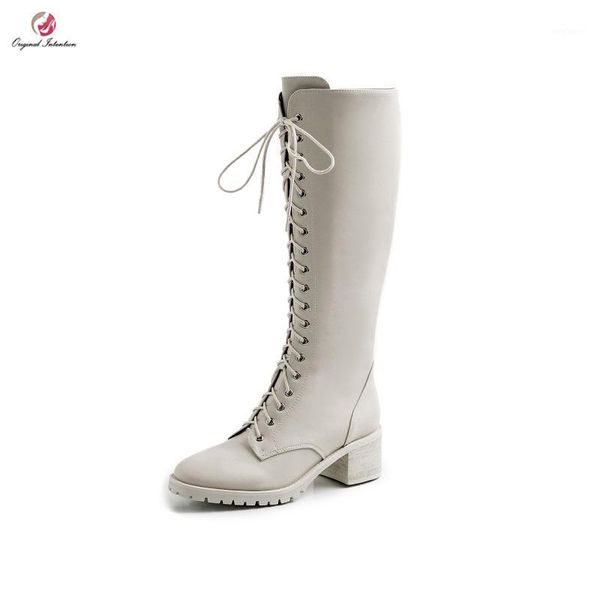 

original intention winter women lace-up knee high boots square heels boots round toe shoes woman cross-tied white black1, Black