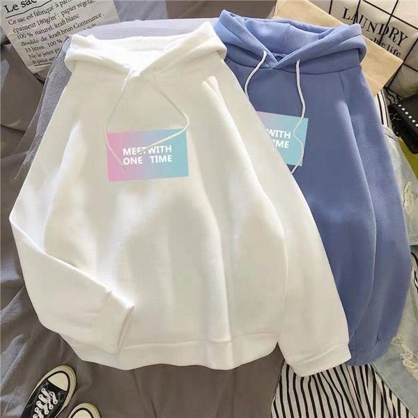 

осень и зимняя женская новая повседневная студент с капюшоном плюс бархатный пуловер женский писем печатает мультфильм свободный пуловер с к, Black