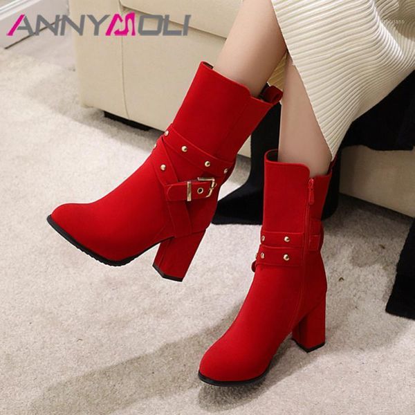 

annymoli woman boots high heel shoes zip block heel mid calf boots buckle rivet female autumn winter red beige big size 431, Black
