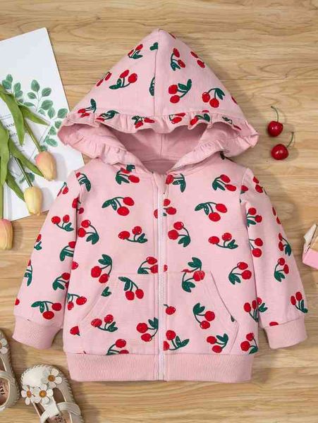 

baby girl cherry print ruffle trim hooded jacket she, Blue;gray
