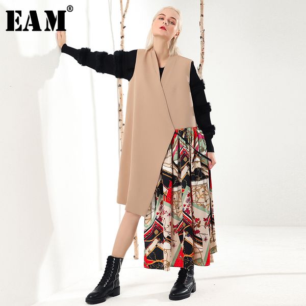 

[eam] new spring v-collar sleeveless khaki irregular printed stitch loose long vest women fashion tide jk594 210204, Black;white