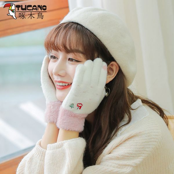 

woodpecker knitted women's outdoor cycling plush lovely korean version of warm wool gloves for students riding in winter