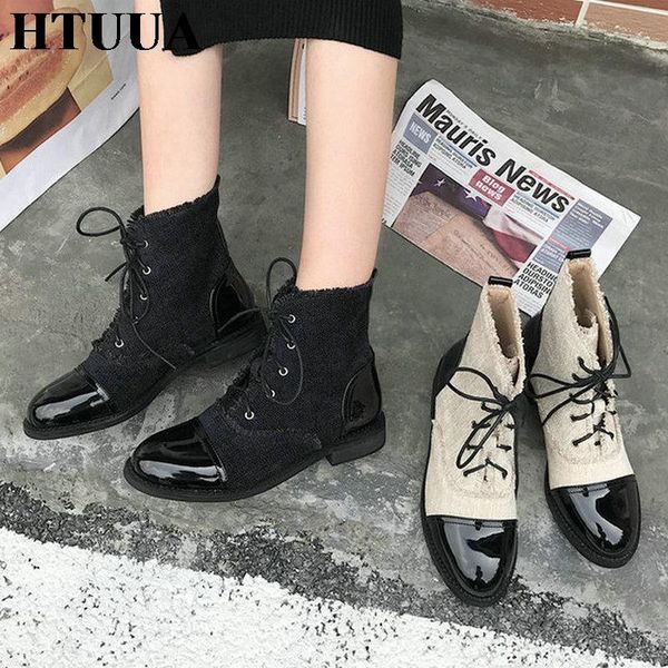

htuua brand design женщины boots британская круглый носок плоских ботильоны вскользь lace-up martin загрузочного осень зима короткий botas s, Black