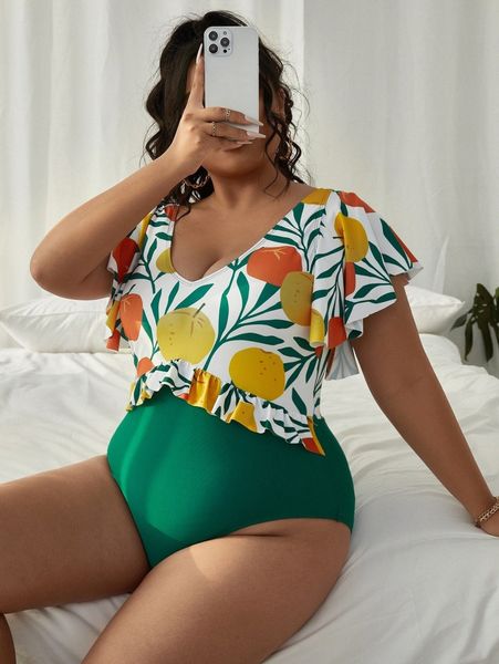 

plus orange print ruffle trim one piece swimsuit 05ve#, Black