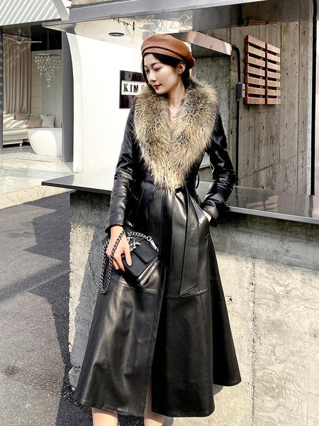 

women's fur & faux european and leather down jacket long coat slim 2021 sheep skin collar, Black