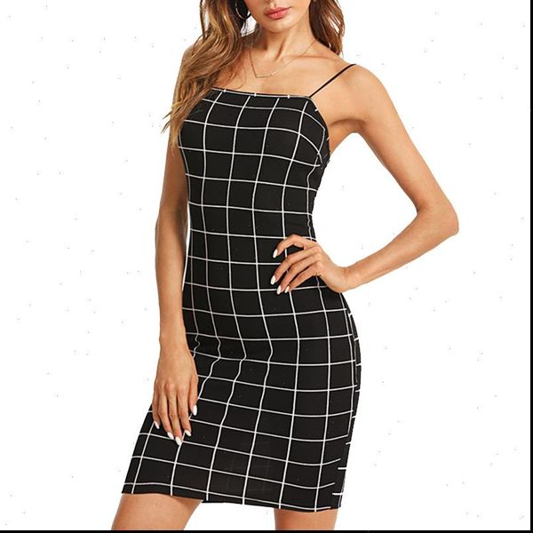 

new summer spaghetti strap sleeveless plaid party short dress women black dresses spaghetti strap grid bodycon, Black;gray