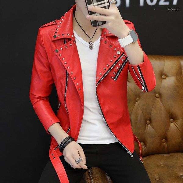 

2020 men's diagonal zipper rivet lapel leather jacket youth street slim handsome pu leather jacket1, Black