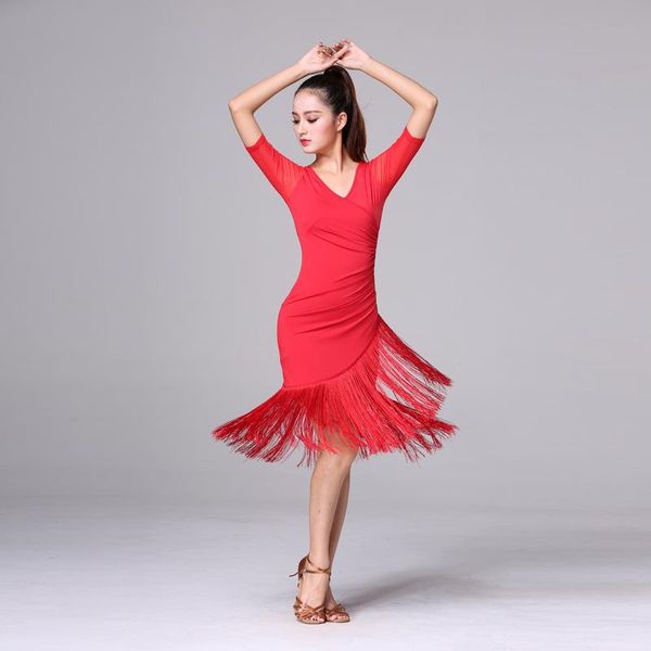 

tassel latin dance for woman dancewear fringe training practice clothes summer ballroom salsa latin dancing costume, Black;red