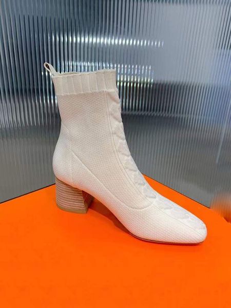 

boots women's round head square heel thick knitted socks and show thin elastic spring autumn, Black